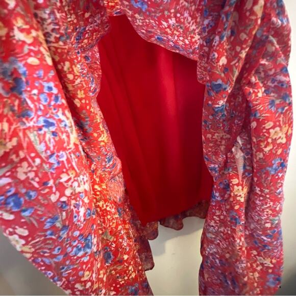 VICI Women's Santana Floral Tiered Off Shoulder Midi Dress Sz Medium Red Boho - Picture 9 of 13